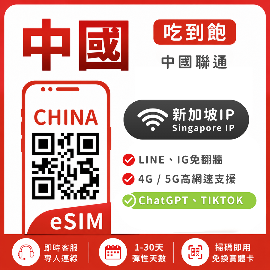 【中國eSIM】IP安心卡-新加坡伺服｜解鎖 TikTok/ChatGPT｜吃到飽、多方案彈性自選